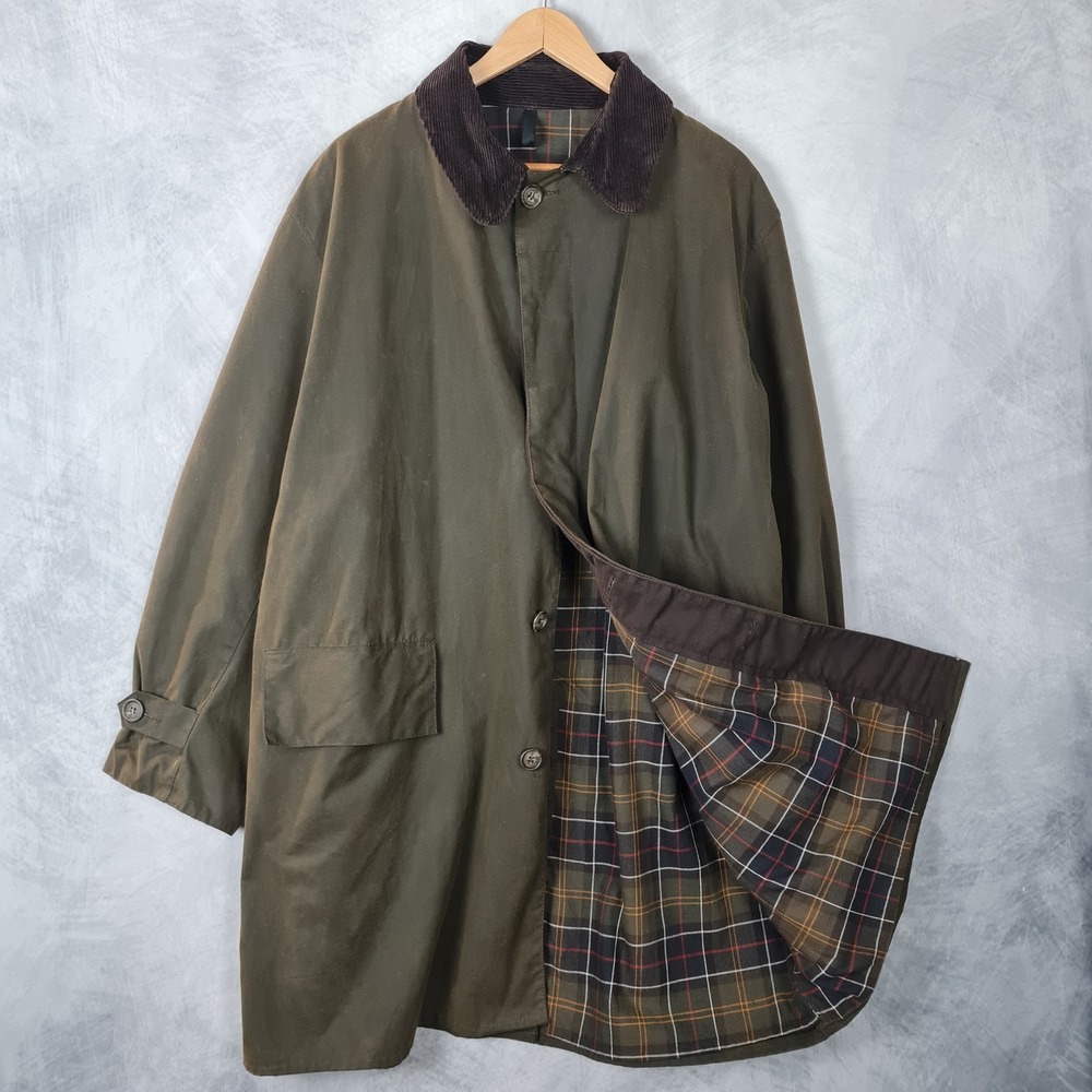 Barbour Waxed Canvas Coat Mens 2XL Green 3/4 Length Long Plaid Lined Rain A850